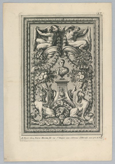 Foglio dal set, "Ornemens de Peaneaux pour... Lambris" da Jean le Pautre