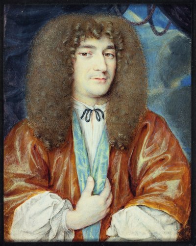 Un gentiluomo in camicia bianca e veste arancione foderata di seta blu, parrucca lunga castano chiaro da Jean the Younger attr.to Petitot