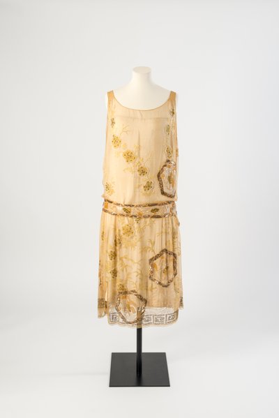 Abito da sera in chiffon di seta gialla ricamato con seta gialla, paillettes, perline e brillanti gialli da Jeanne Paquin