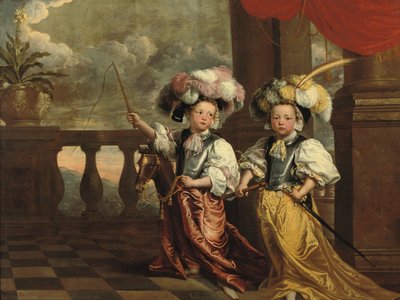 Doppio ritratto di due ragazzi, a figura intera, vestiti da cavalieri, uno con un flauto, l