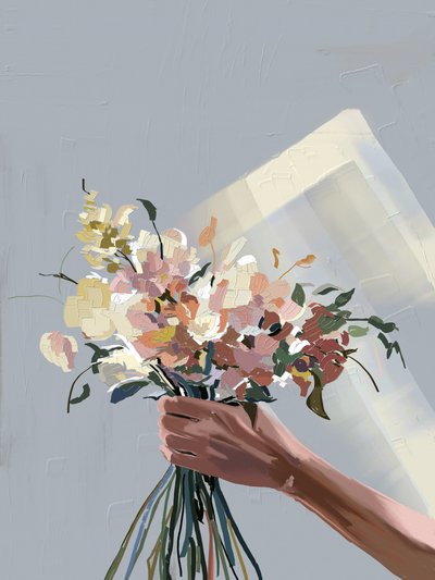 Mano che regge fiori pastello da Jenna Alheit