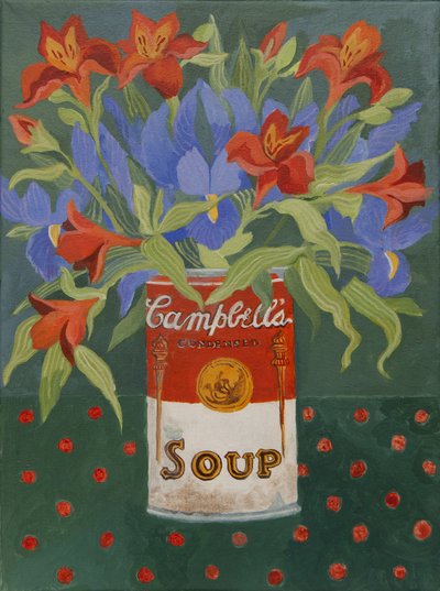 Iris e alstromeiria nella lattina di zuppa Campbell