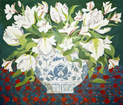 Tulipani doppi bianchi e alstroemerie, 2013 (acrilico su tela) da Jennifer Abbott