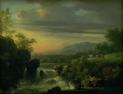 Paesaggio montuoso con cascata. Alba da Jens Juel