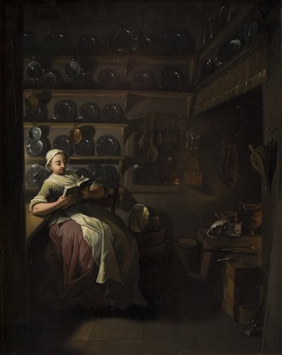 Interno di cucina con una ragazza che legge da Jens Juel