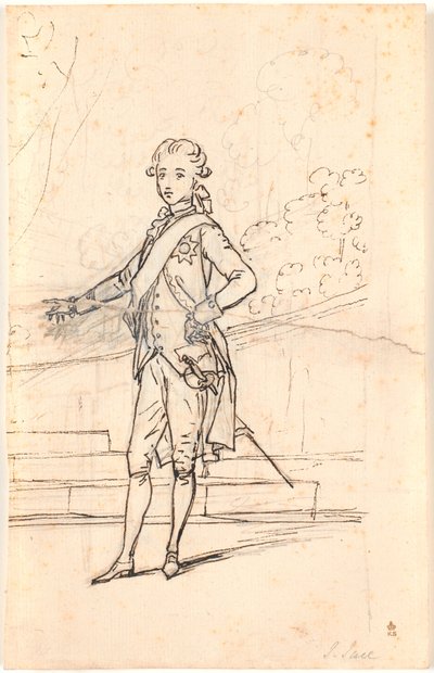 Bozza di composizione per ritratto a figura intera di Federico VI come giovane principe ereditario. In piedi di fronte con la mano destra sul fianco e la sinistra appoggiata a un tavolo da Jens Juel