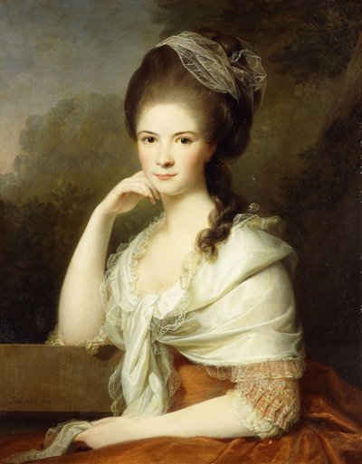 Ritratto di una signora, seduta a mezzo busto, con un vestito marrone e uno scialle bianco, 1778 da Jens Juel