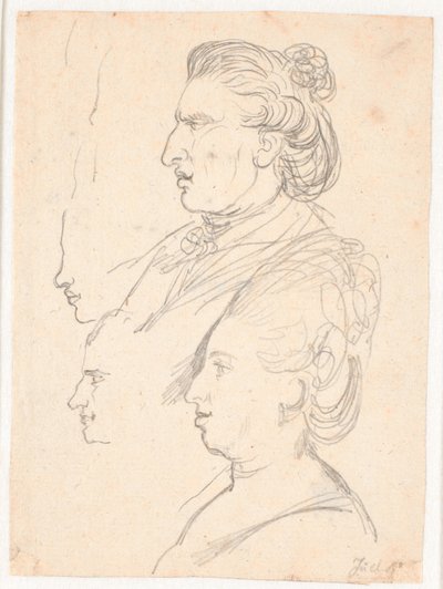 Ritratti di profilo della regina Caroline Mathilde, J.F. Struensee e Enevold Brandt, e uno schizzo, forse di Juel stesso. Tutti di profilo a sinistra da Jens Juel