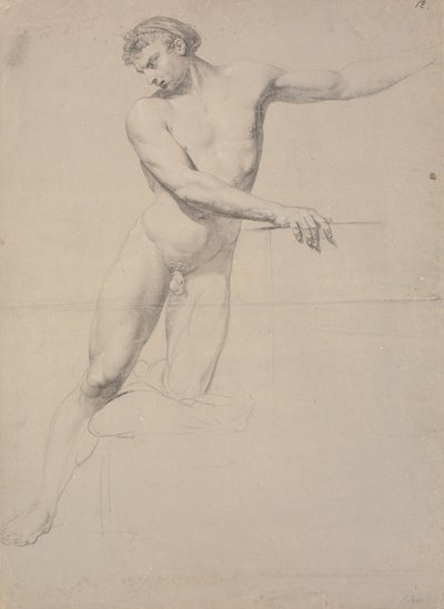 Stesso modello di gb5337, di fronte, in piedi sulla gamba destra, mentre il ginocchio sinistro è appoggiato su uno sgabello; non finito di disegnare da Jens Juel
