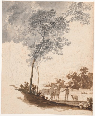 Paesaggio svizzero con un cavaliere che tiene due cavalli e un paio di cani; studio per il ritratto di Jean-Armand Tronchin da Jens Juel