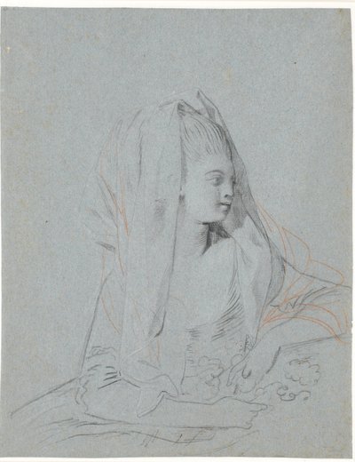 Studio di giovane donna seduta con fiori in mano e velo sulla testa da Jens Juel