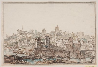 Veduta di città con case e chiesa vicino al fiume. Roma antica da Jens Petersen Lund