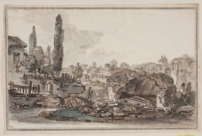 Prospettiva con alberi alti, edifici e rovine da Jens Petersen Lund