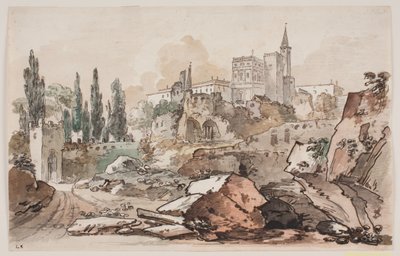 Prospettiva con palazzo circondato da alberi e rocce da Jens Petersen Lund