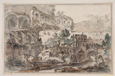 Prospetto con rovine e case vicino a un corso d