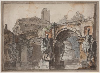 Prospetto "romano" con ponte, rovina del tempio e statua equestre da Jens Petersen Lund