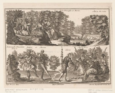 Due scene teatrali con figure in un paesaggio boscoso da Jeremias Wachsmuth