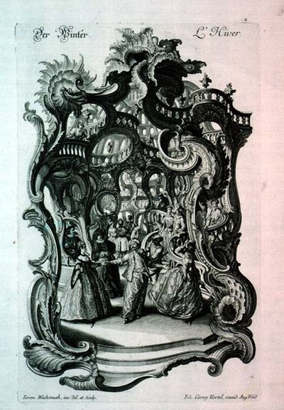 Inverno, spartito rococò che raffigura un ballo in maschera, pub. da Johann Georg Hertel da Jeremias Wachsmuth