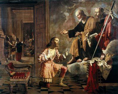 Con gli apostoli San Pietro e San Paolo che appaiono all