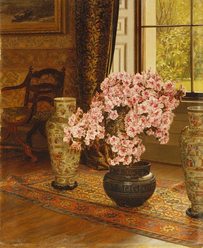 Azalea in una ciotola giapponese, con vasi cinesi su un tappeto orientale, in un interno da Jessica Hayllar