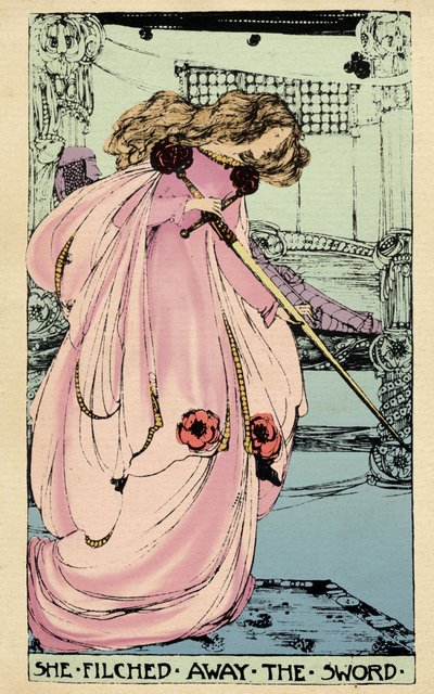 La Fata Morgana ruba Excalibur per il suo amante per usarla contro Re Artù. Illustrazione di Jessie Marion King (1875-1949) per il libro "The High History of the Holy Grail" di Perceval il Gallese, cavaliere della tavola rotonda di Sebastian Evans (1830) da Jessie Marion King