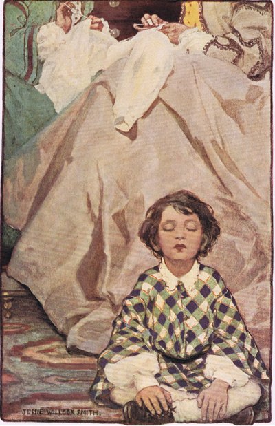 Un bambino seduto con donne che cuciono, da 