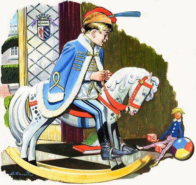 Ragazzo su cavallo a dondolo, illustrazione da "Teddy Bear" (gouache su carta) da Jesus Blasco