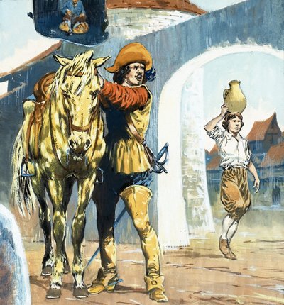 Immagine non identificata di cavaliere fuori da una locanda con cavallo da Jesus Blasco