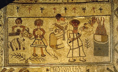Dettaglio del pavimento a mosaico che raffigura il sacrificio di Isacco da Jewish School
