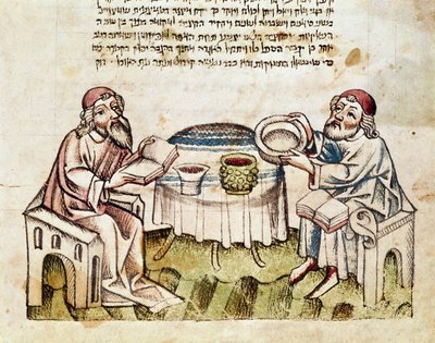 Giudaismo: due rabbini celebrano la Pasqua con la cerimonia del Seder, miniatura da un Mahzor (libro di preghiere in ebraico), XV secolo, Parma, Biblioteca Palatina da Jewish School