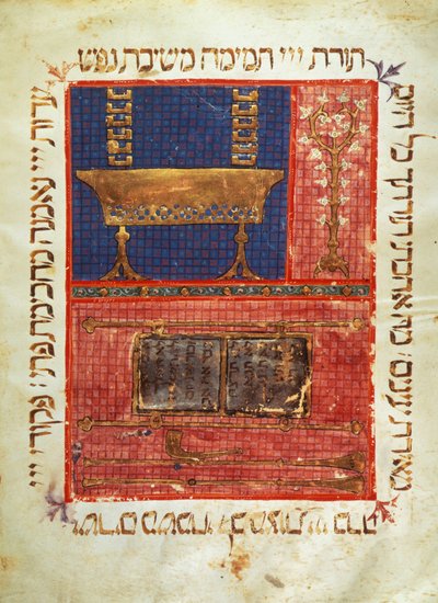 Pagina di un manoscritto di una Bibbia ebraica. Oggetti di culto. Miniatura del XIV secolo da Jewish School