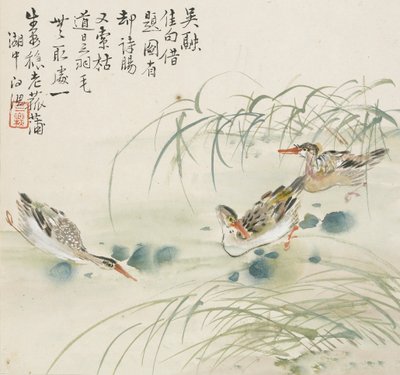 Tre anatre che nuotano in una piscina, 1857 da Jin Yuan