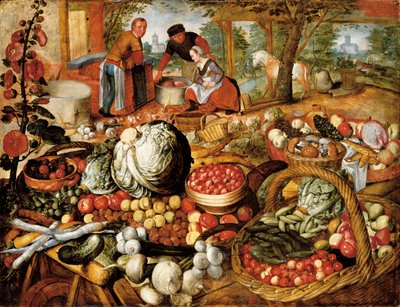 Bancarella di un fruttivendolo con la Fuga in Egitto sullo sfondo da Joachim Beuckelaer