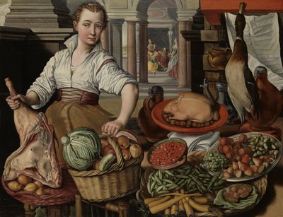 Scena di cucina, con Gesù nella casa di Marta e Maria sullo sfondo, 1569 da Joachim Beuckelaer