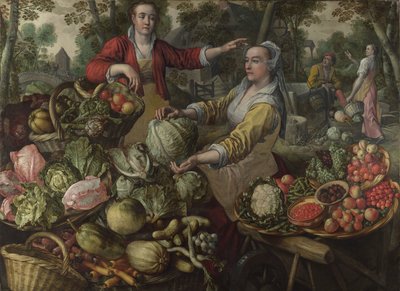 I Quattro Elementi: Terra. Un mercato di frutta e verdura con la fuga in Egitto sullo sfondo da Joachim Beuckelaer