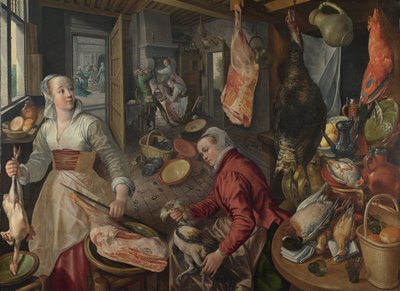 I Quattro Elementi: Fuoco. Una scena di cucina con Cristo in casa di Marta e Maria sullo sfondo da Joachim Beuckelaer