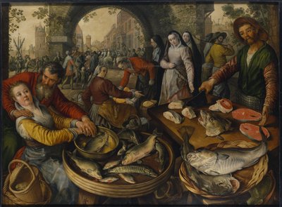 Mercato del pesce con scena di Ecce Homo da Joachim Beuckelaer