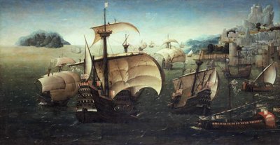 Caracche portoghesi al largo di una costa rocciosa da Joachim Patinir follower of