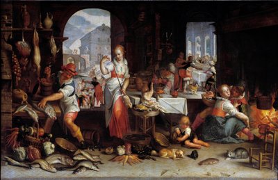 Una donna gira un pollo in una cucina piena di cibo da Joachim Wtewael or Utewael