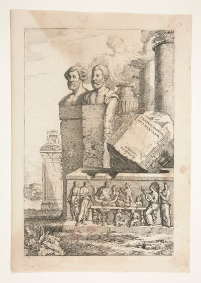 Busti di ritratti, colonne, urna fumante e un rilievo da Joachim von Sandrart