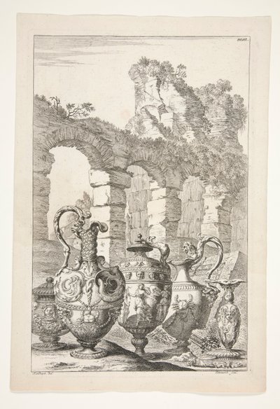 Tre brocche, un vaso coperto e un candeliere in un paesaggio con rovine da Joachim von Sandrart