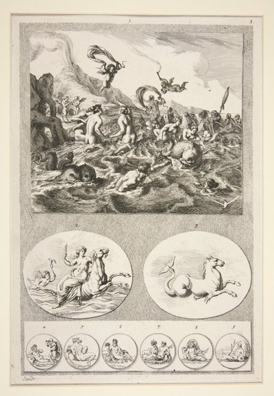 Parte superiore: Nereidi che giocano Parte inferiore: Due rilievi e sei monete da Joachim von Sandrart