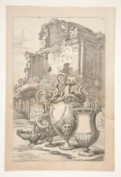 Vasi in un paesaggio tra rovine antiche da Joachim von Sandrart