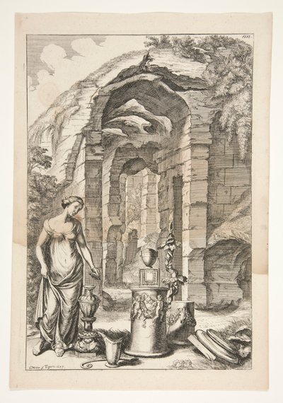 Donna in abito antico con urne, piedistalli e rovine da Joachim von Sandrart