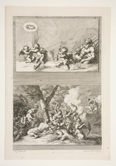 metà superiore: Un dio del fiume e putti che giocano con i simboli della fama metà inferiore: La punizione di Cupido da Joachim von Sandrart