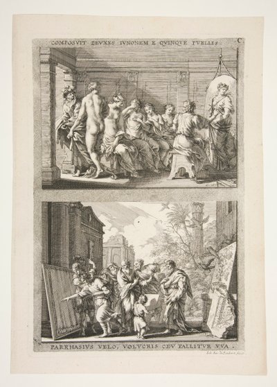 metà superiore: COMPOSIT ZEUXES IUNONEM E QUINQUE PUELLIS metà inferiore: PARRHASIUS VELO, VOLVCRIS CEV FALLITOR VUA da Joachim von Sandrart