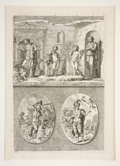 parte superiore: Quattro statue antiche parte inferiore: Fucina di Vulcano e Un generale romano vittorioso da Joachim von Sandrart