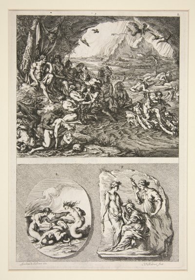 parte superiore: Quos Ego? parte inferiore: Due rilievi antichi: Le tre Parche e un soggetto sconosciuto da Joachim von Sandrart