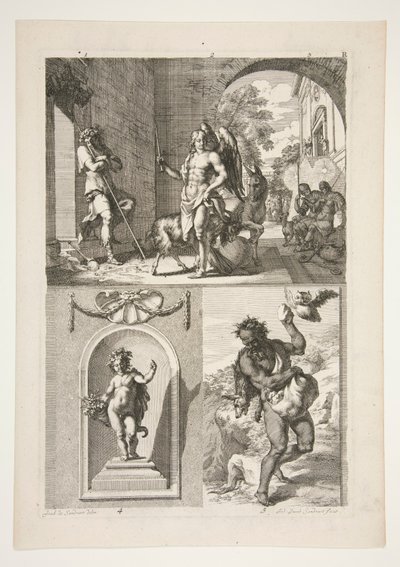 metà superiore: Soggetto religioso sconosciuto metà inferiore: Una statua di putto in una nicchia e una statua di fauno in un paesaggio da Joachim von Sandrart