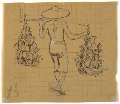 Coolie giavanese che cammina con due carichi su un giogo, visto da dietro da Joakim Frederik Skovgaard